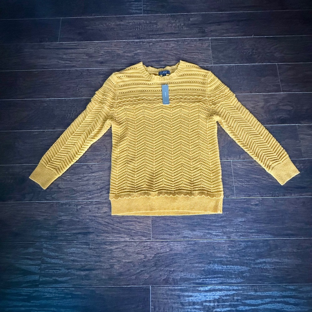 J. Crew Pointelle Chevron Knit Sweater Yellow Wool Blend Scallop Trim NWT Size S